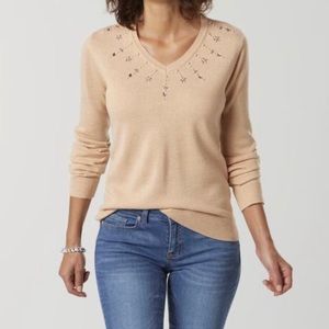 Basic Editions Women's Embellished V-Neck Sweater